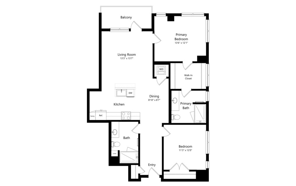 B1 - 2 bedroom floorplan layout with 2 bathrooms and 1172 square feet (2D)